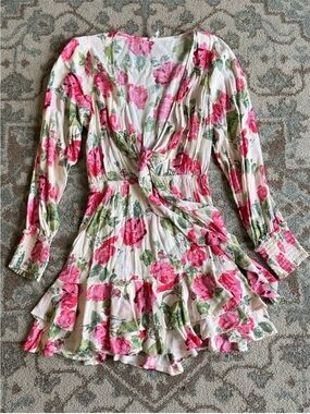 Kivari Floral Pink Mini Dress Ruffle Hem Knot Front
Size 8 Puffy Long Sleeve